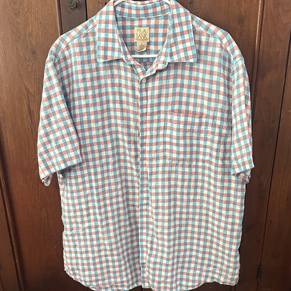 Jos. A. Bank Short-Sleeve Linen Button-Down in Teal & Coral